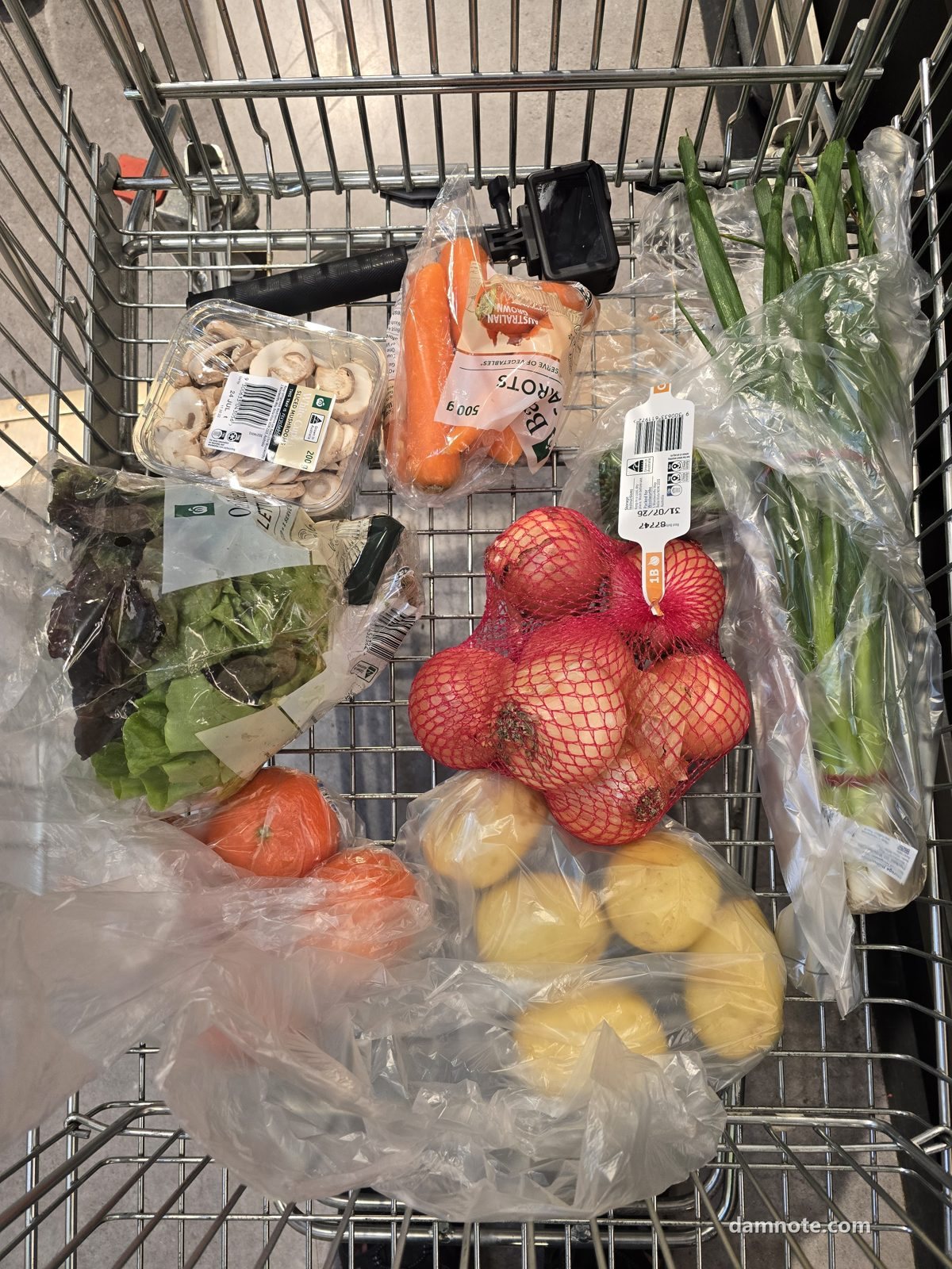 Woolworths Noosaville 장보기 카트 — 버섯·토마토·양파·달걀·바나나, 2026년 7월 20일 직접 촬영
